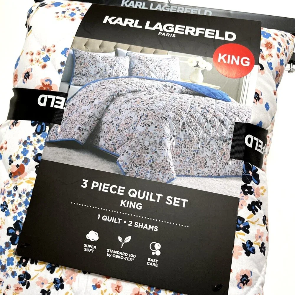 Karl Lagerfeld Paris King 3 Pc Floral Quilt Set Blue White NWT 102x86 Shams